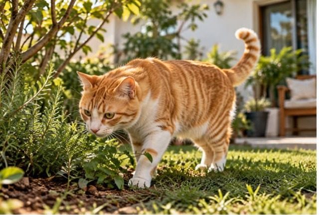 Gato laranja explorando o jardim e cheirando plantas em um quintal residencial