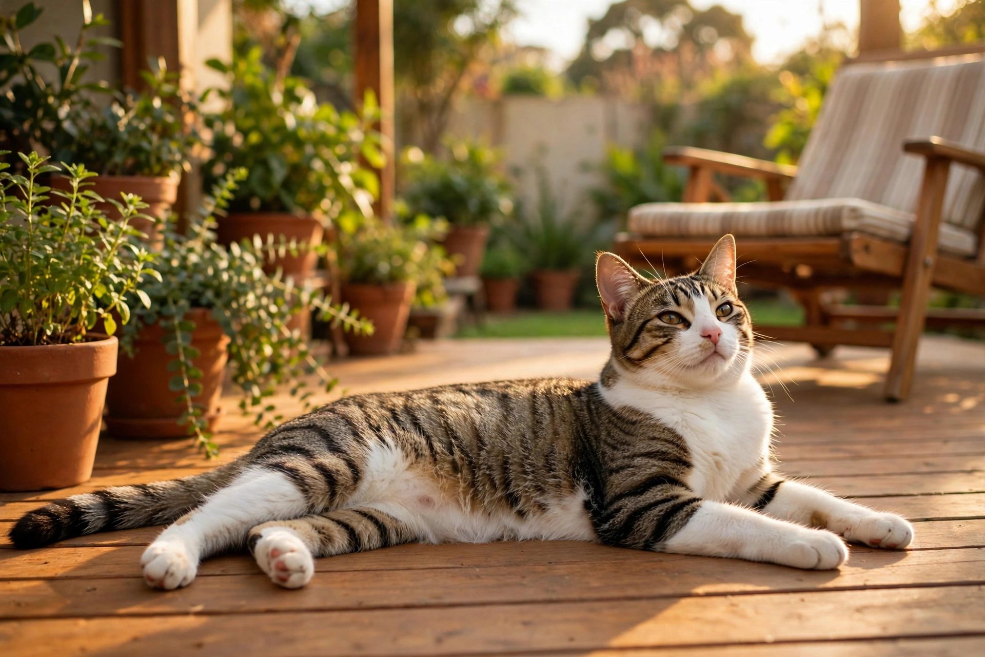 Gato tigrado relaxado em um deck de madeira ao entardecer