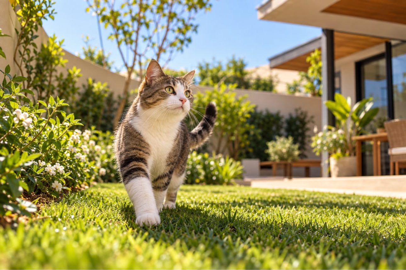 Gato tigrado de corpo inteiro caminhando sobre o gramado do quintal, com a casa e a varanda ao fundo